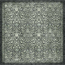 Load image into Gallery viewer, A square area rug with an intricate, distressed damask pattern in charcoal gray and off-white.