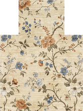 Load image into Gallery viewer, A close-up of a floral textile or rug pattern on a cream background, featuring blue, peach, and white flowers with brown and gray-green leaves and stems.