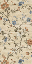 Load image into Gallery viewer, Floral patterned fabric with blue, orange, and white flowers on a beige background