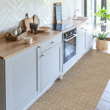 Load image into Gallery viewer, Modern kitchen with wooden countertop, white cabinets, and a patterned rug.