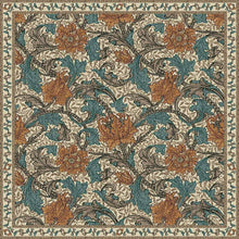 Load image into Gallery viewer, A square area rug featuring a classic William Morris-style floral pattern with orange flowers, teal leaves, and brown scrollwork on a cream background, finished with a decorative border.