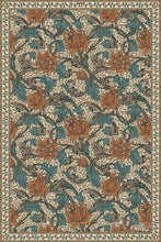Load image into Gallery viewer, An area rug featuring an intricate botanical and floral pattern in teal, rust orange, and beige, with a decorative border.