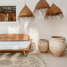 Load image into Gallery viewer, Modern bedroom with wooden bed, woven pendant lights, and large ceramic pots.