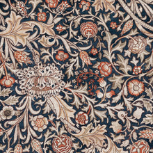 Load image into Gallery viewer, Decorative fabric with intricate floral and leaf patterns on a dark blue background