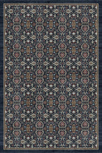 Load image into Gallery viewer, A rectangular area rug with an intricate traditional floral and geometric pattern in navy blue, beige, rust red, and cream, framed by a dark navy border.