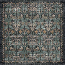 Load image into Gallery viewer, A square area rug with a distressed vintage floral pattern in muted teal, brown, beige, and charcoal gray tones.