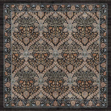 Load image into Gallery viewer, An ornate square area rug with a traditional floral and botanical pattern, featuring a dark charcoal border and a central field of beige, brown, and muted orange motifs.