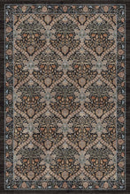 Load image into Gallery viewer, An area rug with an intricate traditional floral and vine pattern in muted tones of charcoal gray, beige, rust orange, and black.