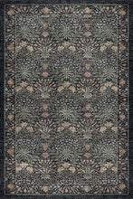 Load image into Gallery viewer, A square area rug with an intricate, vintage-style botanical and floral pattern in dark charcoal gray, black, beige, and muted dusty pink.