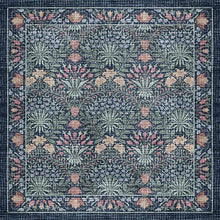 Load image into Gallery viewer, A square textile or rug featuring an intricate botanical pattern with repeating floral motifs in muted blue, sage green, dusty pink, and beige tones.