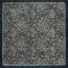 Load image into Gallery viewer, A square area rug with a dense botanical pattern featuring interwoven olive green leaves, muted blue-gray medallions, and dusty rose floral accents on a textured taupe background.