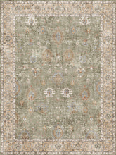 Load image into Gallery viewer, Decorative rug with intricate patterns in green, beige, and brown on a plain background