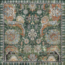 Load image into Gallery viewer, Decorative rug with intricate pattern on a green background