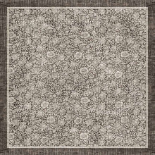 Load image into Gallery viewer, A square area rug with an intricate, distressed floral and botanical pattern in shades of gray, beige, and brown, featuring a solid textured border.