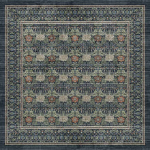Load image into Gallery viewer, A square area rug with an intricate floral and botanical pattern, featuring a dark slate blue-gray base with beige, rust red, and green accents.