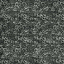 Load image into Gallery viewer, Dark charcoal gray fabric with a distressed, textured surface featuring a repeating light gray floral and vine pattern.