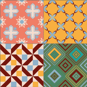 Orange and colorful patchwork  vinyl mat with Spanish tile design - sample tile