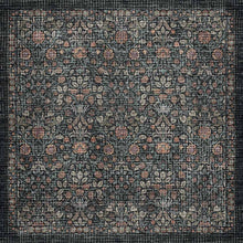 Load image into Gallery viewer, A square area rug with an intricate distressed floral pattern in charcoal gray, beige, and muted terracotta orange.
