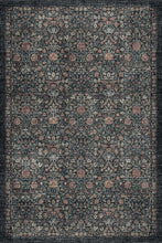 Load image into Gallery viewer, A square area rug with an intricate traditional floral pattern in dark charcoal gray, black, muted rust orange, and beige.
