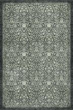 Load image into Gallery viewer, An area rug with an intricate, distressed damask floral pattern in muted gray and sage green tones, featuring a solid dark border.
