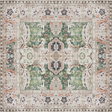 Load image into Gallery viewer, Decorative farmhouse rug with intricate pattern in green, beige, and brown on a white background
