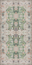 Load image into Gallery viewer, Decorative rug with a geometric pattern in green, beige, and brown on a light background
