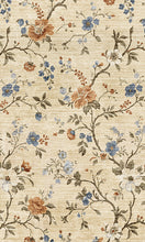 Load image into Gallery viewer, A close-up of a floral patterned fabric or wallpaper with beige background and delicate branches decorated with blue, orange, and white flowers.
