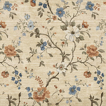 Load image into Gallery viewer, Beige textured fabric or wallpaper featuring a vintage floral pattern with blue, white, and rust-orange blossoms and muted green leaves.
