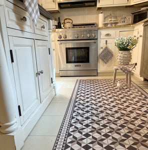 Grey Runner Mat in Victorian Tile Design Kitchen Vinyl Floor 