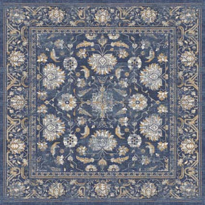 Blue floral patterned rug with intricate border