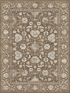 Decorative floral rug with intricate patterns on a brown background