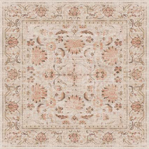 Decorative floral rug with intricate patterns on a beige background