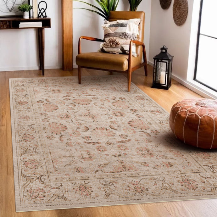 Patterned rug on a wooden floor with a chair and lantern in the background