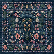 Load image into Gallery viewer, Floral patterned rug with pink, yellow, and green flowers on a dark blue background
