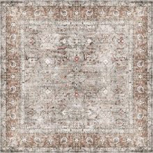 Load image into Gallery viewer, A square desk chair mat with a distressed, vintage-style traditional pattern in muted tones of gray, beige, brown, and soft red.
