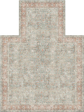 Load image into Gallery viewer, A distressed traditional area rug with a muted beige and dusty rose color palette, featuring a faded ornamental pattern and a decorative border.
