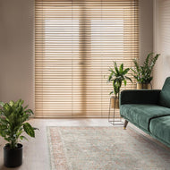Living room with green sofa, plants, and wooden blinds