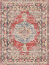 Load image into Gallery viewer, Decorative rug with a central medallion design in red, blue, and beige.
