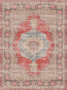 Decorative rug with a central medallion design in red, blue, and beige.