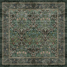 Load image into Gallery viewer, Decorative rug with intricate patterns and a border on a dark green background
