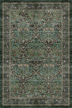 Load image into Gallery viewer, An ornate rectangular area rug with a distressed traditional pattern in muted green, brown, beige, and dusty pink tones, featuring a central floral medallion and detailed borders.
