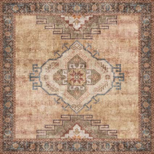 Decorative rug with geometric pattern on a beige background