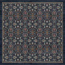 Load image into Gallery viewer, A square area rug with an intricate traditional floral pattern in navy blue, burgundy red, beige, and white, featuring a solid navy blue border.

