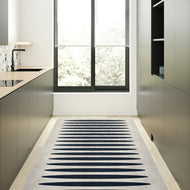 Modern kitchen with a long rectangular rug featuring black stripes on a light floor.