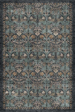 Load image into Gallery viewer, A square area rug with a distressed, vintage-style floral and scroll pattern in muted teal, slate blue, charcoal gray, and beige.
