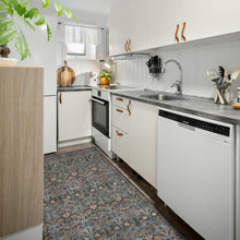 Load image into Gallery viewer, A modern kitchen interior with white cabinets, a gray countertop, a built-in dishwasher, oven, sink, and patterned blue rug. No person or animal is present, but this is still a real environment rather than a clean isolated product shot, so subject_type is Lifestyle.
