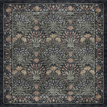 Load image into Gallery viewer, A square area rug with an intricate botanical pattern in muted tones of olive green, beige, dusty pink, and charcoal gray.
