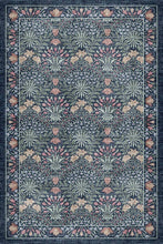 Load image into Gallery viewer, A square area rug with a traditional floral and botanical pattern in navy blue, beige, and muted pink tones.
