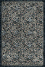 Load image into Gallery viewer, A square area rug featuring a dense, vintage botanical pattern with swirling leaves and floral motifs in muted slate blue, charcoal gray, beige, and dusty rose tones.
