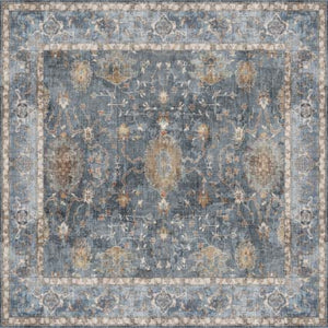 Decorative rug with intricate patterns in blue and beige tones
